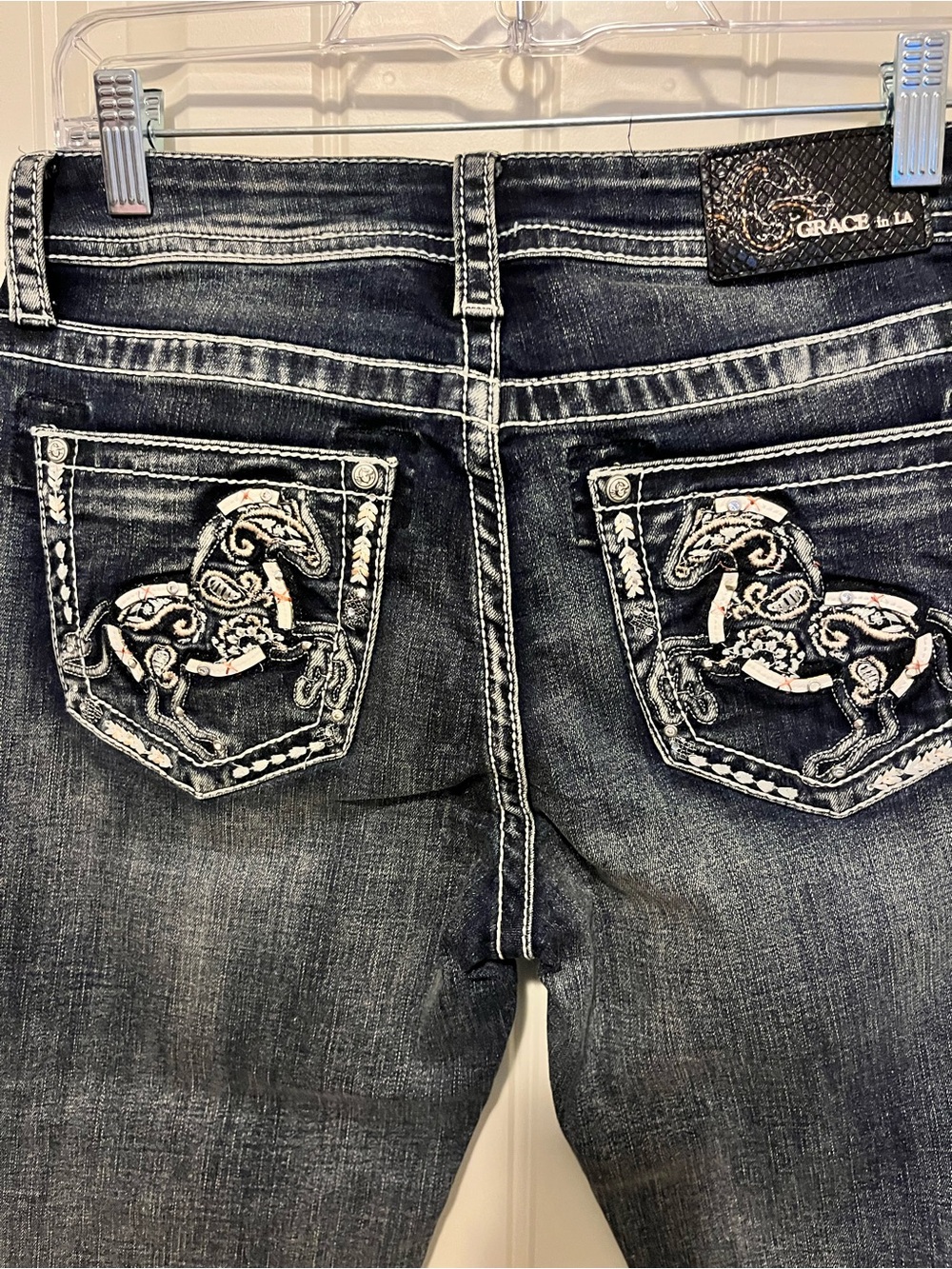 Grace in LA Dark Wash Bootcut Jeans with Horse Embroidered Pockets